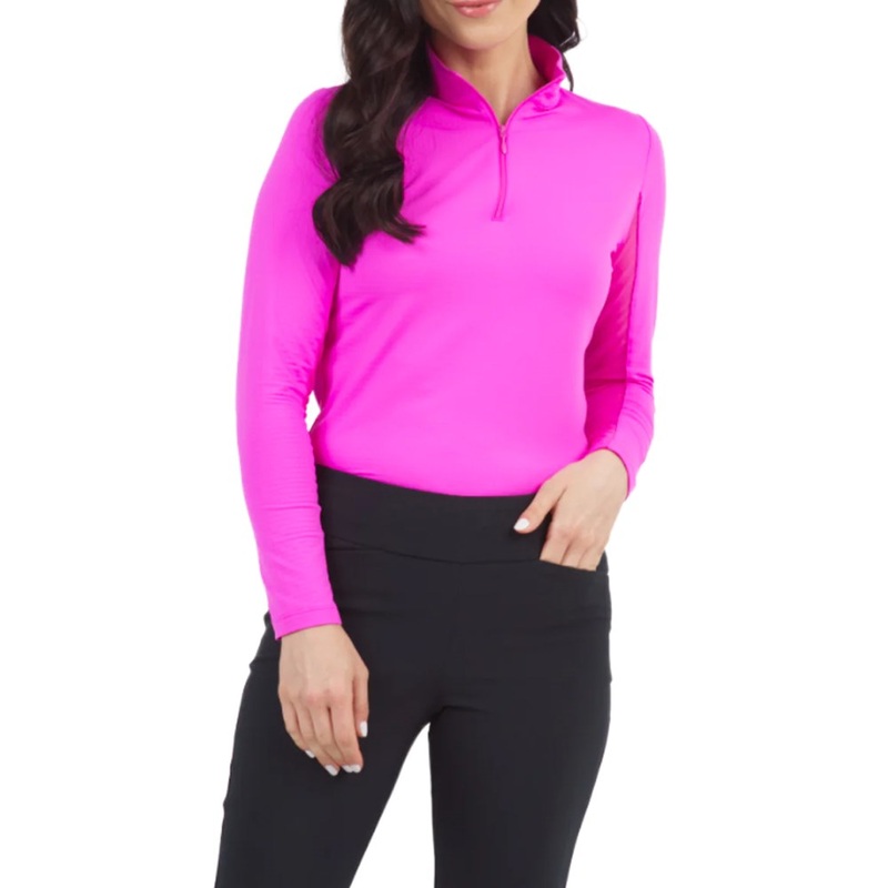 IBKUL Women’s Solid Long Sleeve Zip Mock Neck – Hot Pink