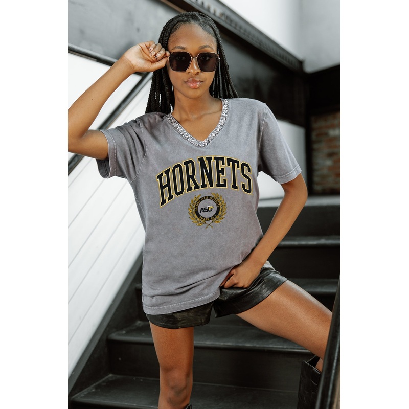 ALABAMA STATE HORNETS ICONIC EDGE RHINESTONE TRIM V-NECK TEE