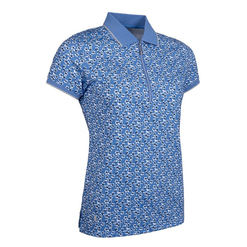 Glenmuir Women’s Amelia 1/4 Zip Performance Golf Polo Shirt – Light Blue Flowers