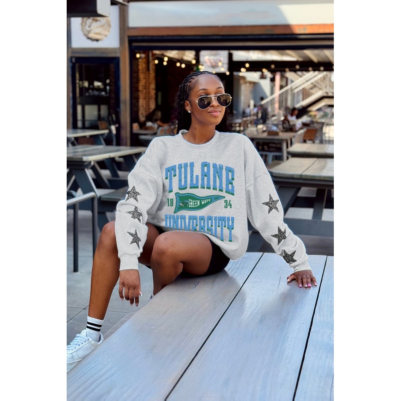 TULANE GREEN WAVE PENNANT PRIDE EMBELLISHED STAR SLEEVE CREWNECK PULLOVER