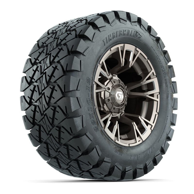 GTW Vandal Satin Bronze/Machined 12 in Wheels with 22×10-12 Timberwolf All-Terrain Tires  Full Set