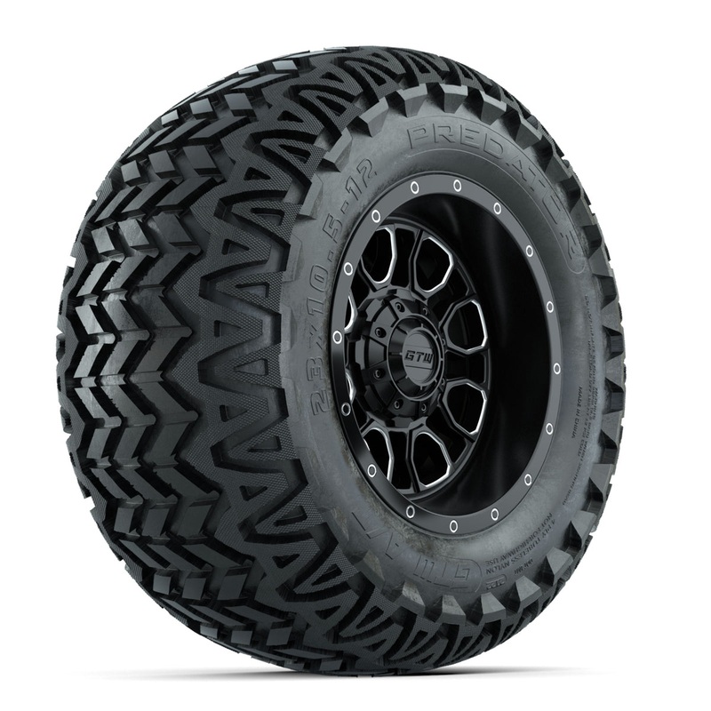 Set of (4) 12 in GTW Volt Machined & Black Wheels with 23×10.5-12 Predator All-Terrain Tires PN# A19-806