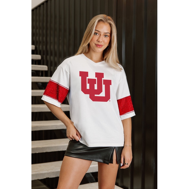 UTAH UTES DOMINANCE RHINESTONE STRIPE VARSITY TEE