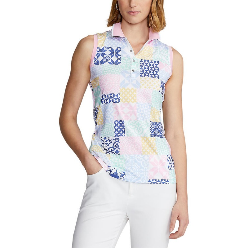 RLX Ralph Lauren Women’s Printed Airflow Performance Sleeveless Golf Polo Shirt – Stamped Geo Patchwork