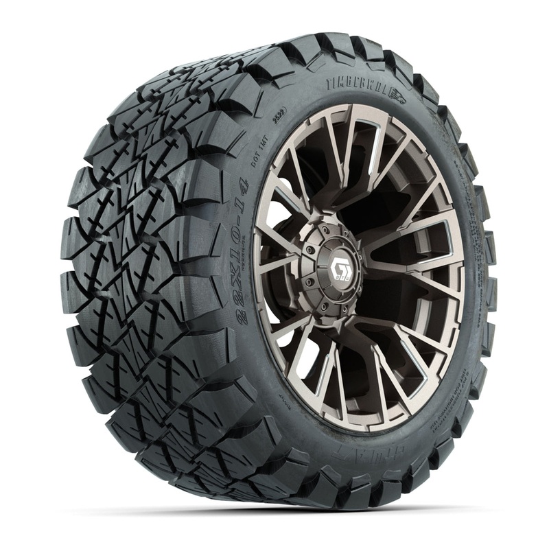 GTW Vandal Satin Bronze/Machined 14 in Wheels with 22×10-14 Timberwolf All-Terrain Tires  Full Set