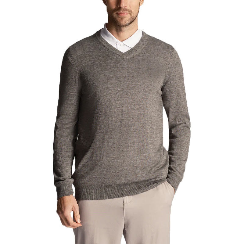 Lyle & Scott Tonal Eagle Merino Blend V Neck Knit – Mid Grey Marl