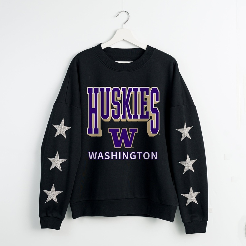 WASHINGTON HUSKIES PURE VICTORY EMBELLISHED STAR SLEEVE CREWNECK PULLOVER