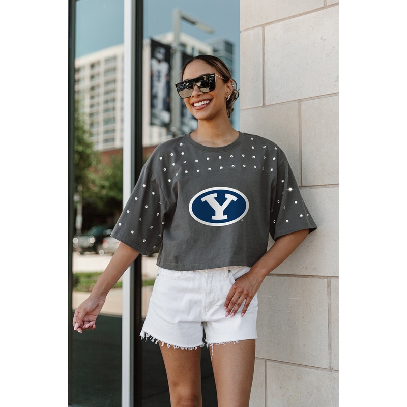 BYU COUGARS Making Moves Rhinestone Crop Tee With Yoke