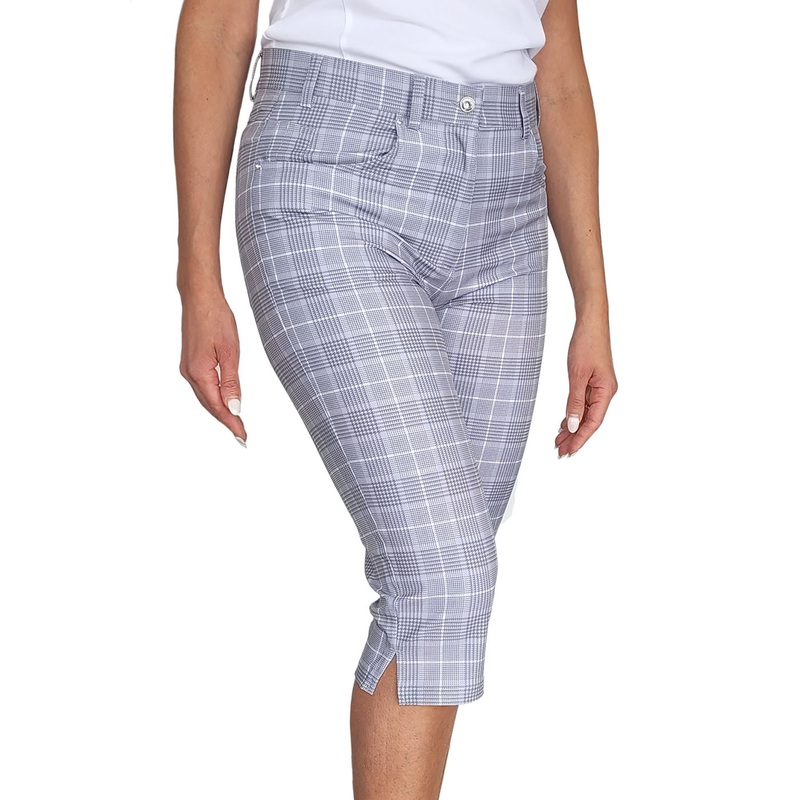 Glenmuir Women’s Phoebe Lightweight Stretch Performance Golf Capri Pants – Light Grey/ White Check