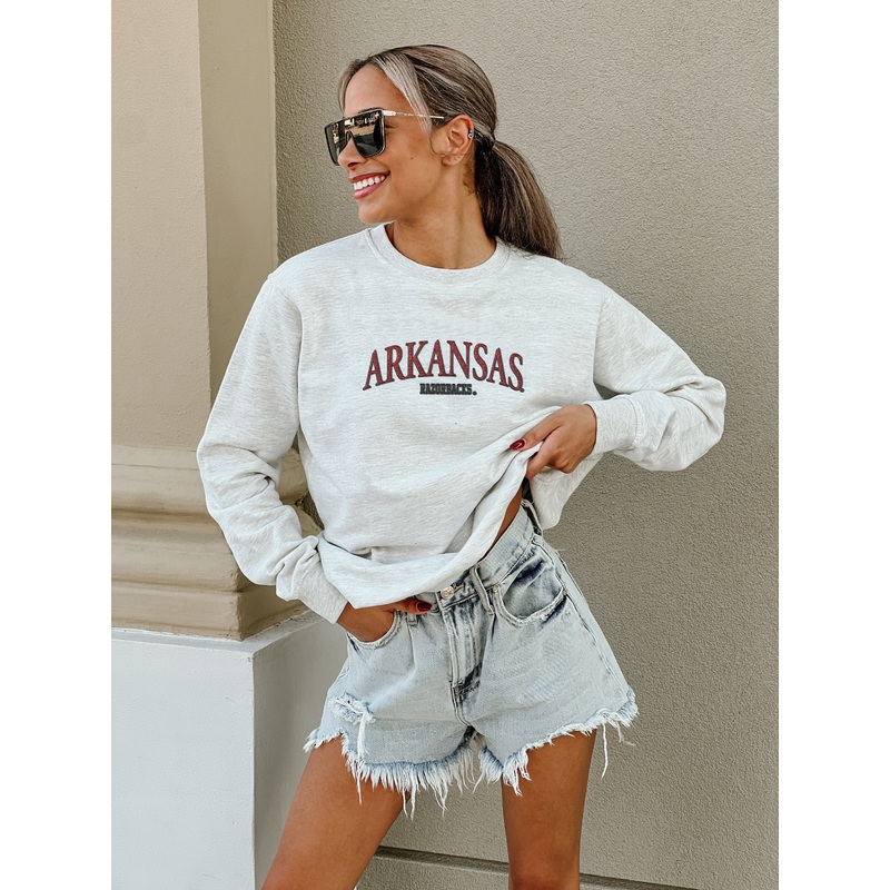 ARKANSAS RAZORBACKS Number One Fan Embroidered Crew Pullover By Madi Prewett Troutt