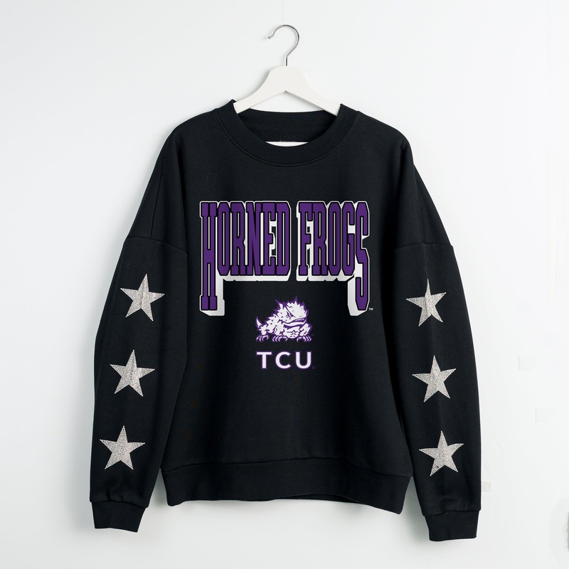 TCU HORNED FROGS PURE VICTORY EMBELLISHED STAR SLEEVE CREWNECK PULLOVER