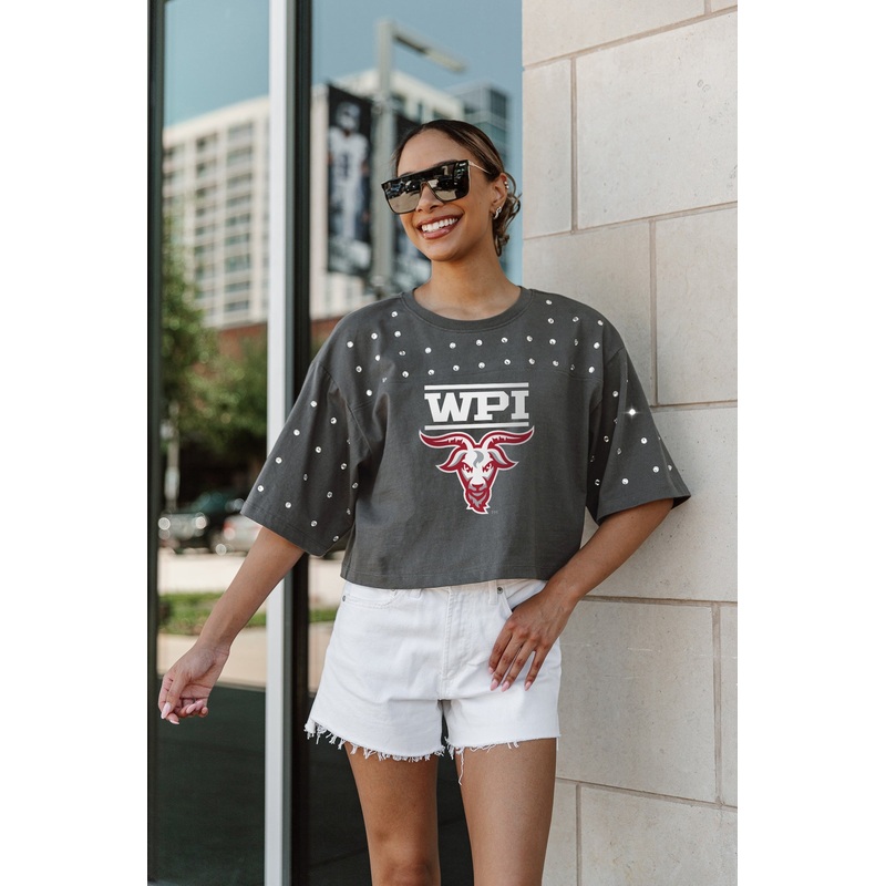 WORCESTER POLYTECHNIC INSTITUTE GOATS Making Moves Rhinestone Crop Tee With Yoke