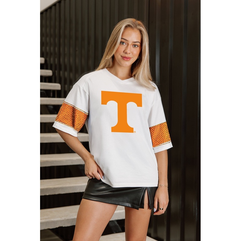 TENNESSEE VOLUNTEERS DOMINANCE RHINESTONE STRIPE VARSITY TEE