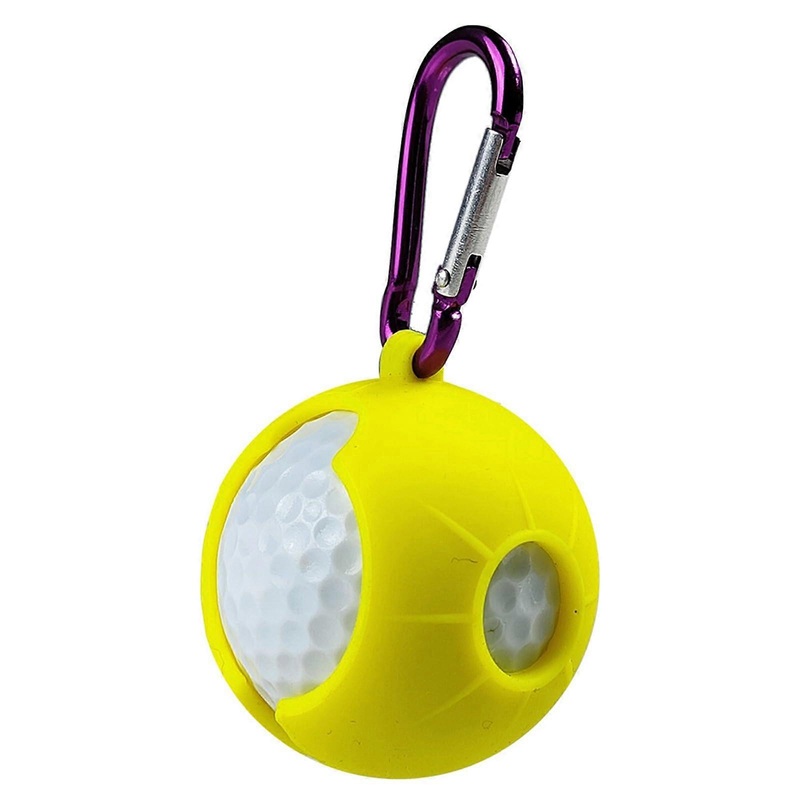 Yellow silicone golf ball sleeve for individual balls, protective golf balls, with metal hook for hanging