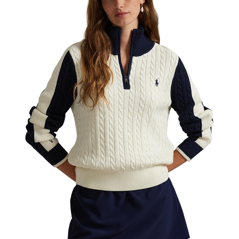 RLX Ralph Lauren Women’s Cable Knit Quarter Zip Pullover – Antique White/Refined Navy