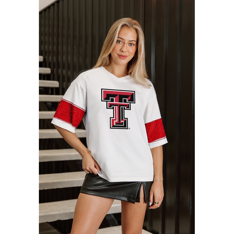 TEXAS TECH RED RAIDERS DOMINANCE RHINESTONE STRIPE VARSITY TEE