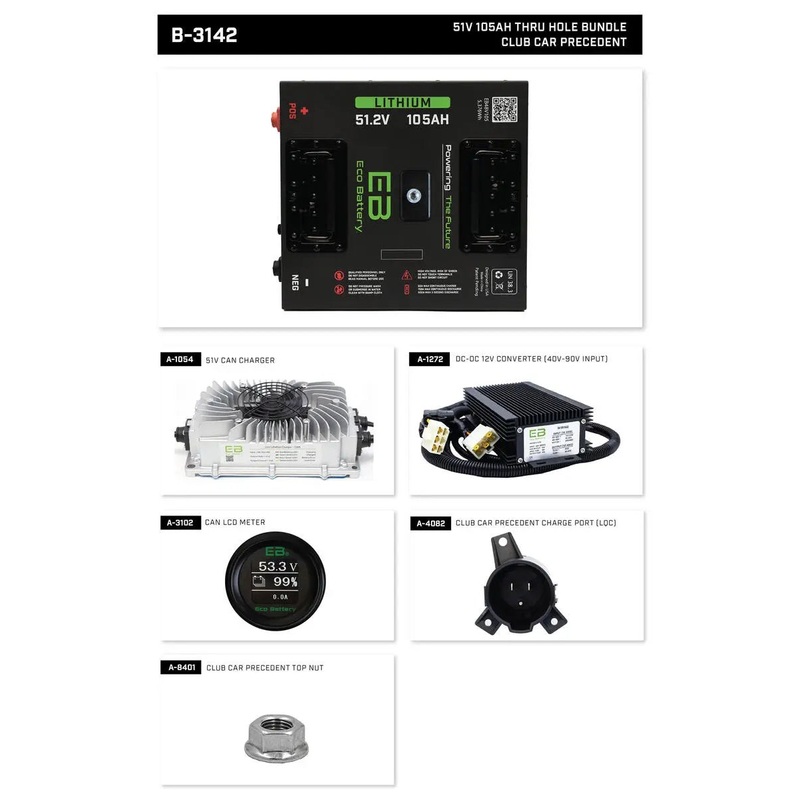 Club Car Precedent 09-Up/Onward/Tempo Eco Lithium 51v 105Ah Battery Bundle – Thru Hole PN# B-3142