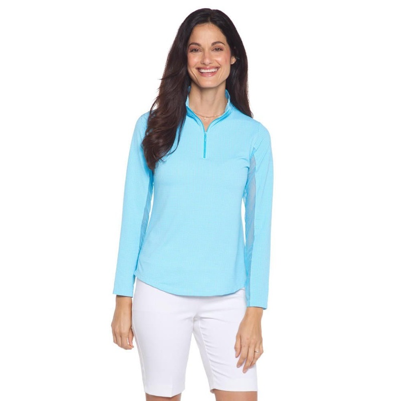 IBKUL Mini Check Long Sleeve Zip Golf Mock