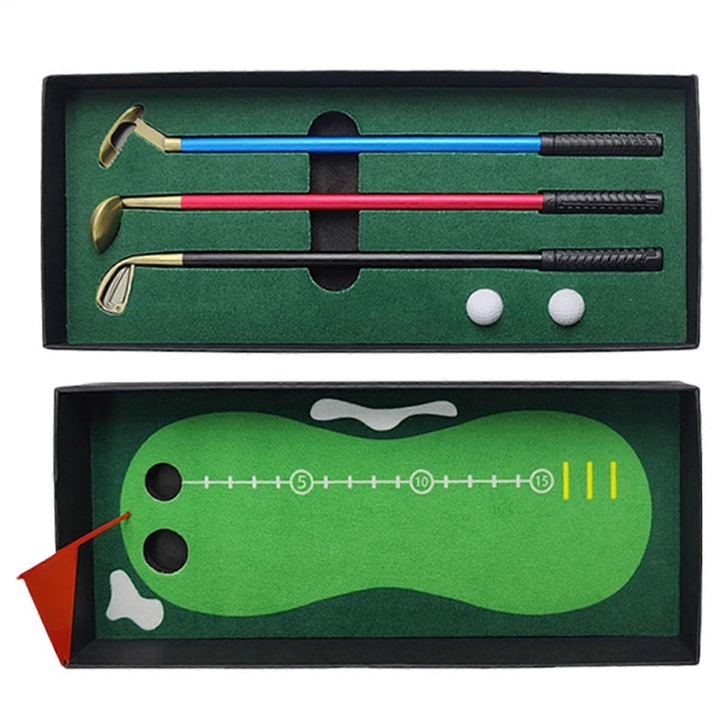 Golf Club Pen Set  Golf Desktop Games, Putting Green, Flag, 3 Pens, 2 Balls