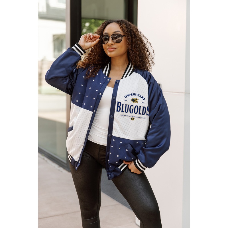 WISCONSIN-EAU CLAIRE BLUGOLDS INNER DRIVE THROWBACK VARSITY BOMBER JACKET