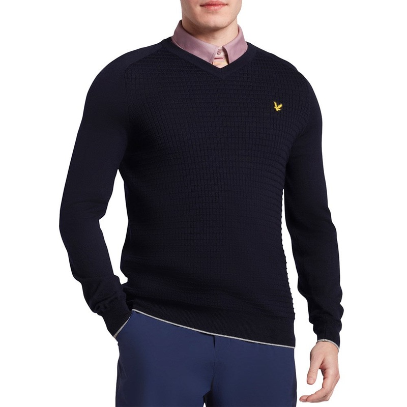 Lyle & Scott Merino Grid Texture V Neck Jumper – Navy