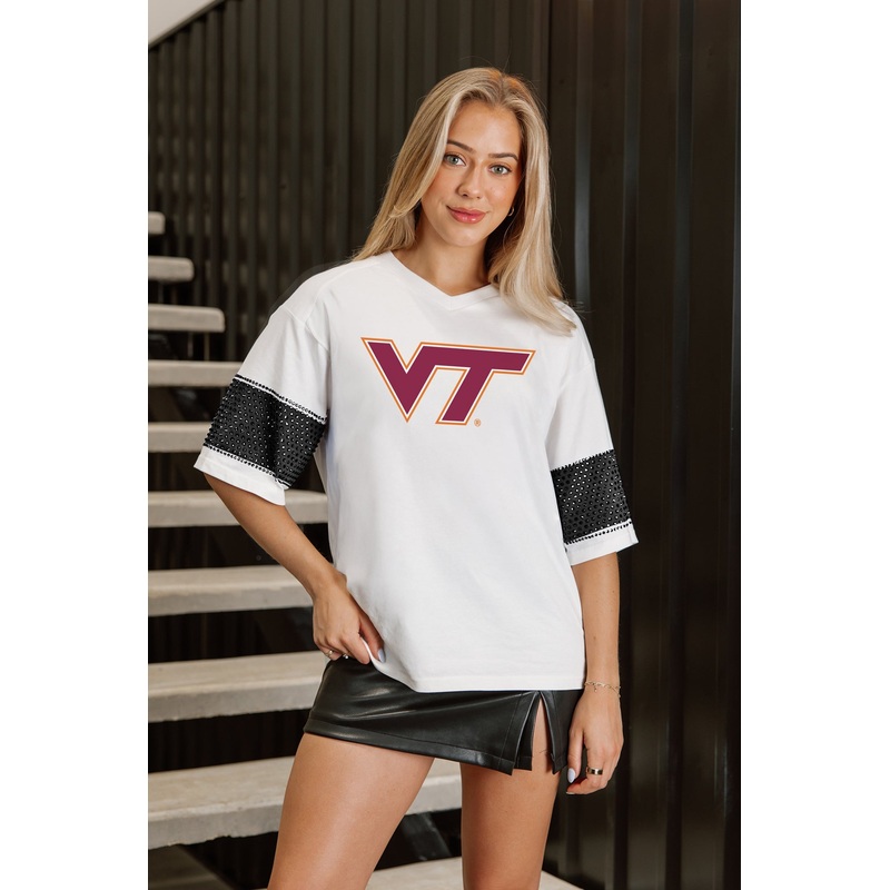 VIRGINIA TECH HOKIES DOMINANCE RHINESTONE STRIPE VARSITY TEE