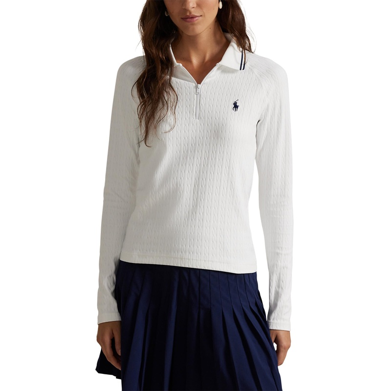 RLX Ralph Lauren Women’s Stretch Active Cable Half Zip Pullover – Ceramic White/Refined Navy Multi