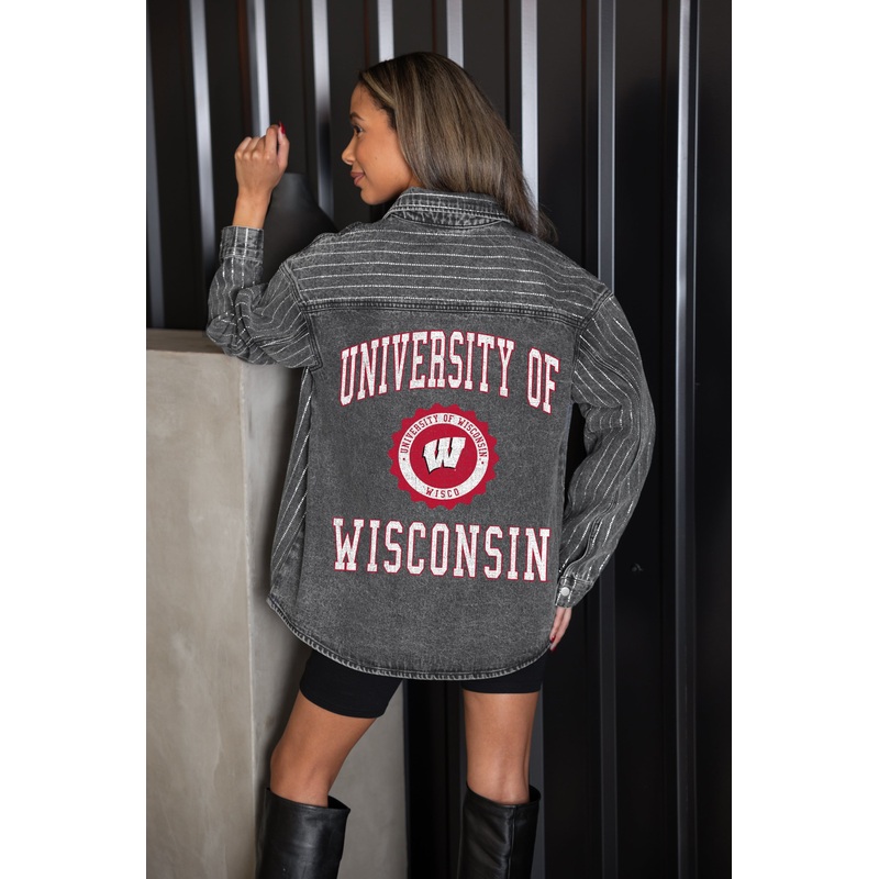 WISCONSIN BADGERS STYLE’S THE LIMIT MICRO-RHINESTONE DENIM OVERSHIRT IN BLACK