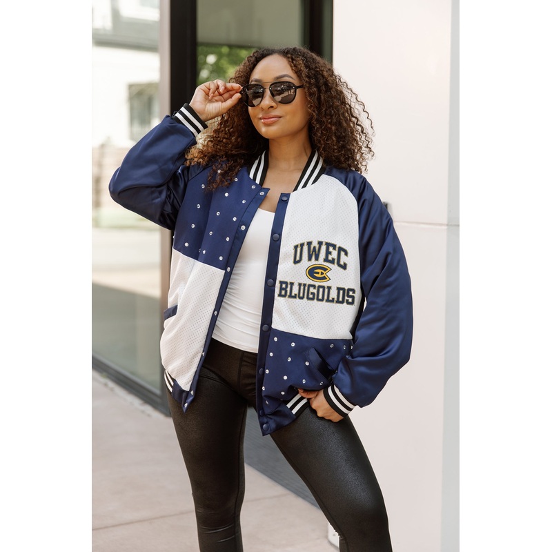 WISCONSIN-EAU CLAIRE BLUGOLDS REFINED RIVALRY THROWBACK VARSITY BOMBER JACKET