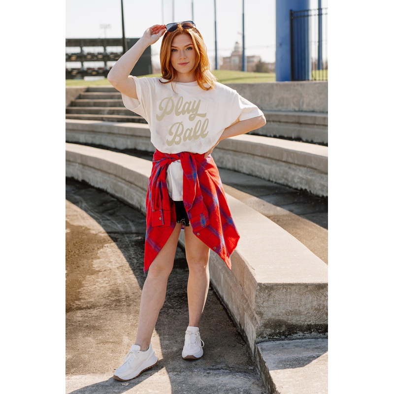 LET’S PLAY BALL IN TAN VINTAGE BOYFRIEND TEE