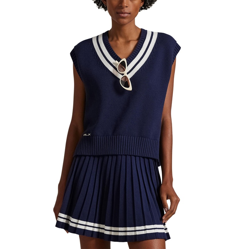 RLX Ralph Lauren Women’s Cotton V Neck Sleeveless Sweater Vest – Refined Navy/Ceramic White