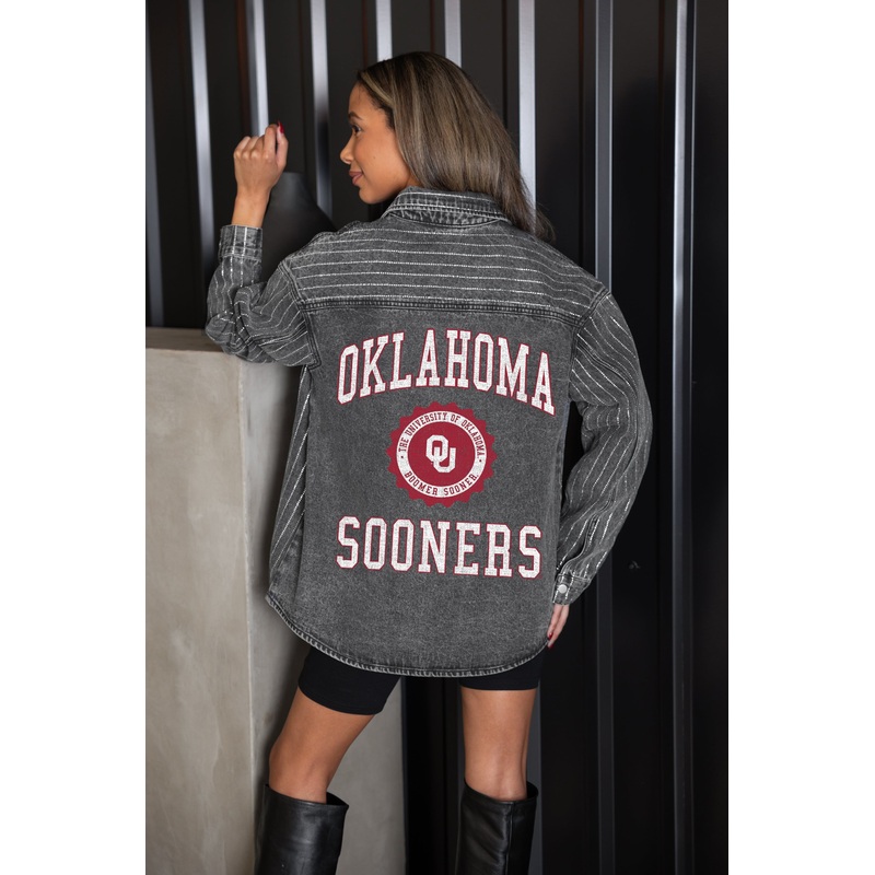 OKLAHOMA SOONERS STYLE’S THE LIMIT MICRO-RHINESTONE DENIM OVERSHIRT IN BLACK
