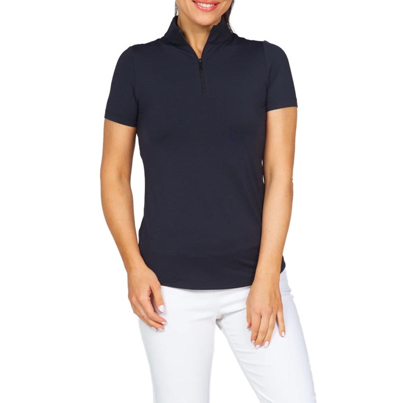 IBKUL Women’s Short Sleeve Zip Mock Neck Polo – Black