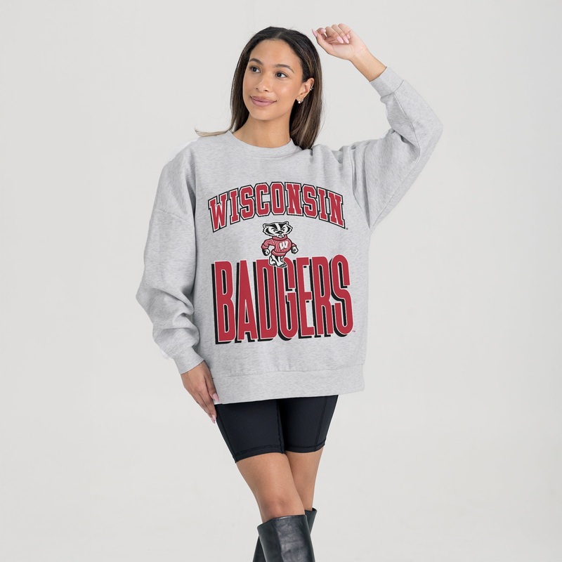 WISCONSIN BADGERS FIERCE FOCUS PREMIUM FLEECE DROP SHOULDER CREWNECK PULLOVER