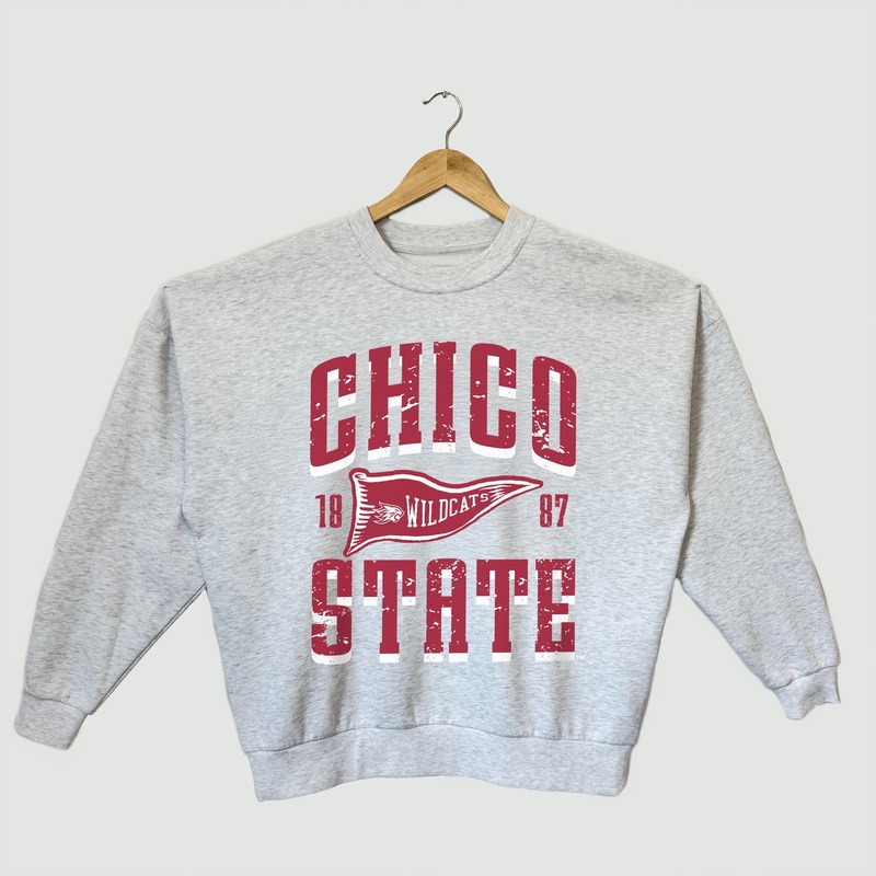CHICO STATE WILDCATS PENNANT PRIDE PREMIUM FLEECE DROP SHOULDER CREWNECK PULLOVER