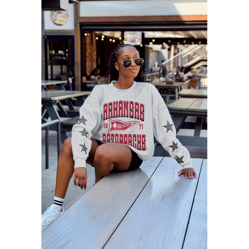 ARKANSAS RAZORBACKS PENNANT PRIDE EMBELLISHED STAR SLEEVE CREWNECK PULLOVER