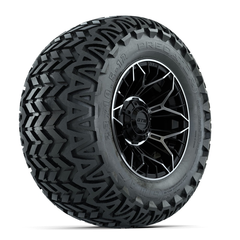 Set of (4) 12 in GTW Stellar Machined & Black Wheels with 23×10.5-12 Predator All-Terrain Tires PN# A19-770