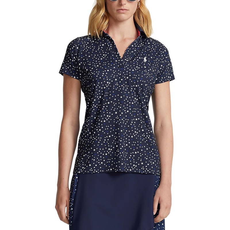 RLX Ralph Lauren Women’s Printed Airflow V-Neck Golf Polo Shirt – French Navy Summer Night Stars