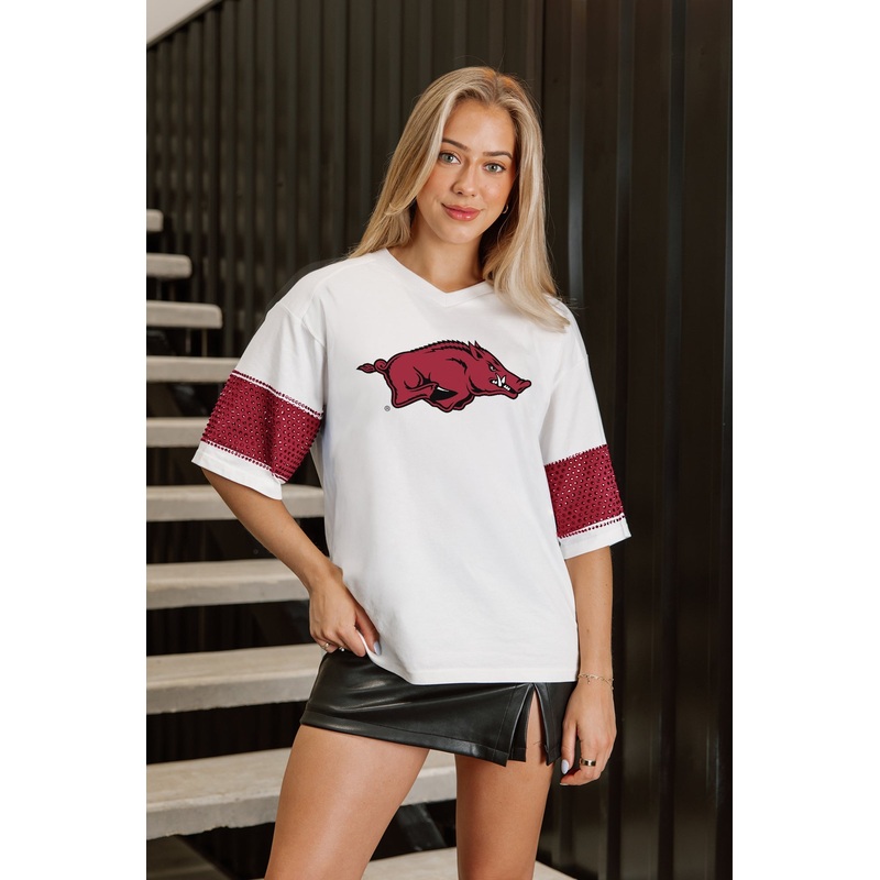 ARKANSAS RAZORBACKS DOMINANCE RHINESTONE STRIPE VARSITY TEE