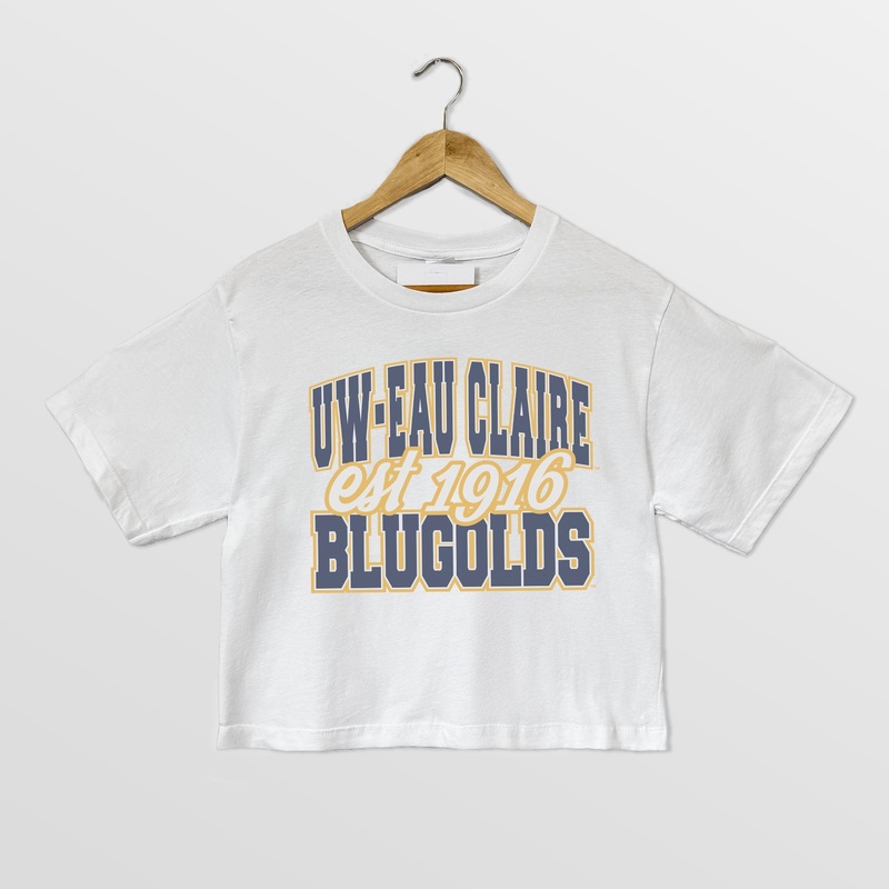 WISCONSIN-EAU CLAIRE BLUGOLDS DEEP ROOTS BOXY FIT WOMEN’S CROPPED TEE